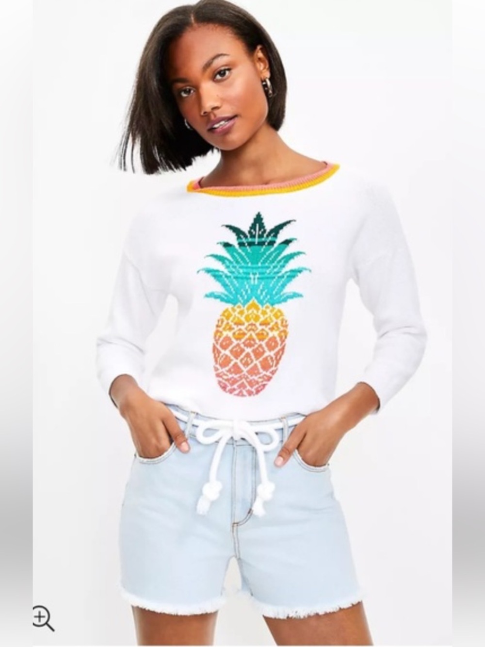 LOFT White‎ Pineapple Graphic Sweater with Rainbow Trim- worn 2-3x. 89 retail